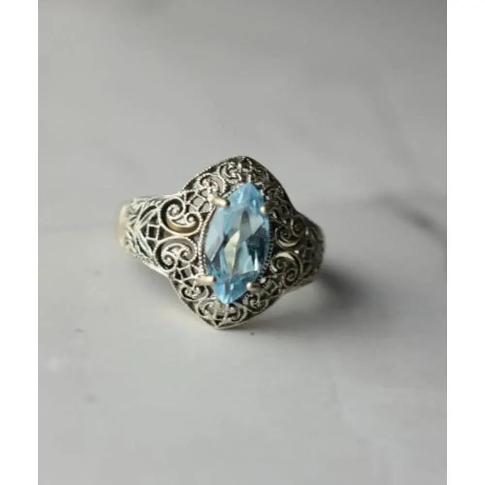 925 Sterling Silver Blue Spinel Openwork Ring Size 8.5